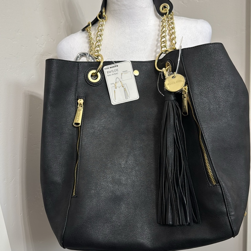 Steve Madden BWilde Large handbag black Gold Chain Handles  NWT